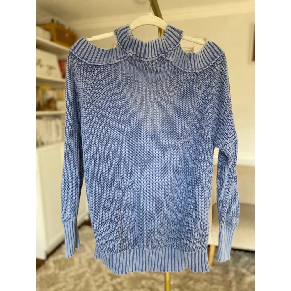 Free People Knit Sweater Cold Shoulder Cotton Coastal Preppy Light Blue Old Mone